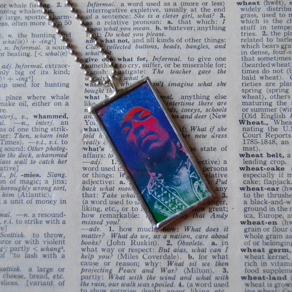 Jimi Hendrix, vintage portrait illustration upcycled to hand-soldered glass pendant