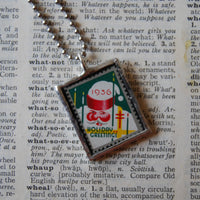 Vintage 1936 Christmas Seals Stamp, up-cycled to 2-sided, hand-soldered glass pendants, Santa Claus