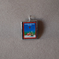 Vintage 1934 Christmas Seals Stamp, up-cycled to 2-sided, hand-soldered glass pendants, cottage in snow