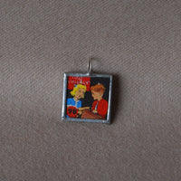Boy and girl, vintage game board graphics, up-cycled to soldered glass pendant