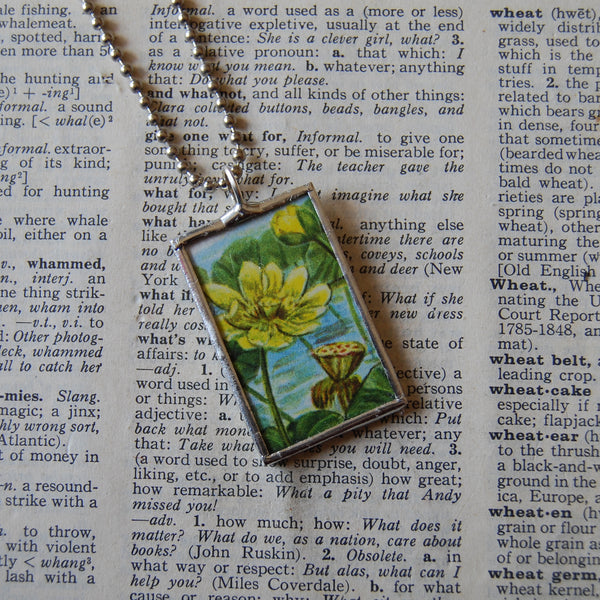 Lotus flower, vintage botanical illustration, hand-soldered glass pendant