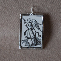 Angel, Devil, antique woodcut illustration, hand soldered glass pendant, upcycled to soldered glass pendant