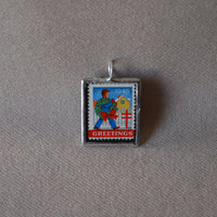 Vintage 1945 Christmas Seals Stamp, up-cycled to 2-sided, hand-soldered glass pendants, Boy with Wreath