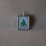Vintage 1945 Christmas Seals Stamp, up-cycled to 2-sided, hand-soldered glass pendants, Boy with Wreath