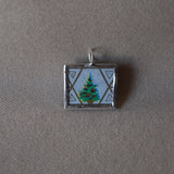 Vintage 1959 Christmas Seals Stamp, up-cycled to 2-sided, hand-soldered glass pendants, Boy with squirrel