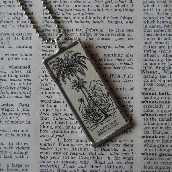 1 Coconut Palm Tree, vintage botanical dictionary illustration, upcycled to soldered glass pendant