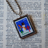 Vintage 1963 Christmas Seals Stamps, up-cycled to 2-sided, hand-soldered glass pendants, Snowman, House