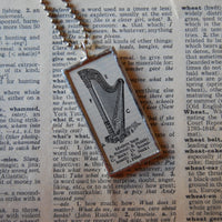 Harp, vintage 1940s dictionary illustration, hand-soldered glass pendant