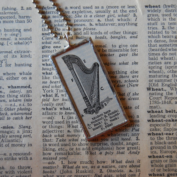 Harp, vintage 1940s dictionary illustration, hand-soldered glass pendant