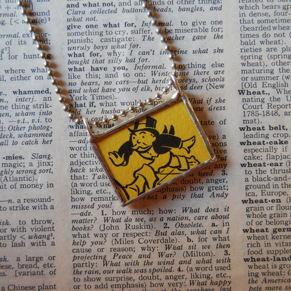 1 Vintage Monopoly board game cards, Advance to Go, upcycled to hand-soldered glass pendant 
