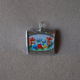 Vintage 1969 Christmas Seals Stamp, up-cycled to 2-sided, hand-soldered glass pendants, Dancing children