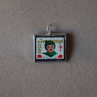 Vintage 1953 Christmas Seals Stamp, up-cycled to 2-sided, hand-soldered glass pendants, Christmas Caroler