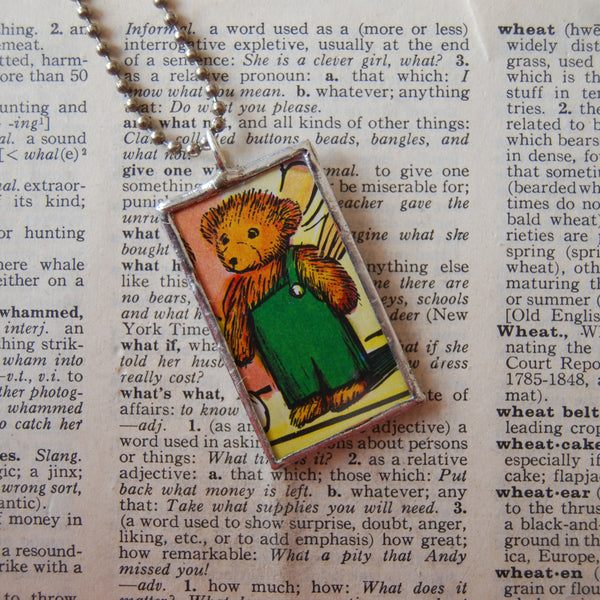 Owl and crescent moon, vintage 1940s children's book illustrations, upcycled to soldered glass pendant