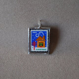 Vintage 1963 Christmas Seals Stamps, up-cycled to 2-sided, hand-soldered glass pendants, Snowman, House