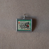 Vintage 1947, 1931 Christmas Seals Stamp, up-cycled to 2-sided, hand-soldered glass pendants, tree with sled