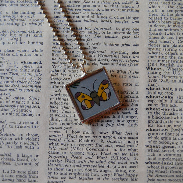 1 Butterfly, heart shaped flowers, vintage 1940s children's book illustrations, upcycled to soldered glass pendant