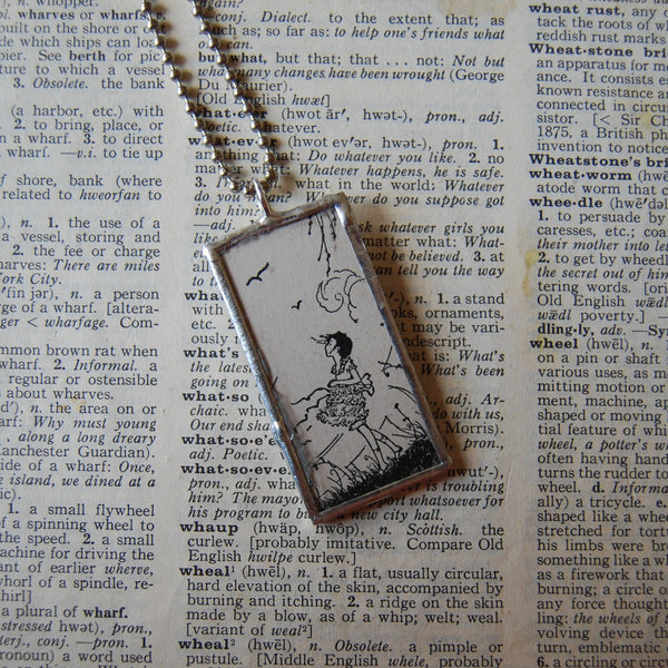 Girl with birds and clouds, vintage 1930s children's book illustration up-cycled to soldered glass pendant