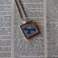 Blue bird, flowers, vintage 1940s children's book illustrations, upcycled to soldered glass pendant