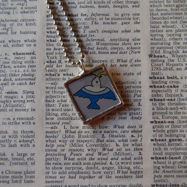 Blue bird, flowers, vintage 1940s children's book illustrations, upcycled to soldered glass pendant