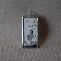 Girl with birds and clouds, vintage 1930s children's book illustration up-cycled to soldered glass pendant