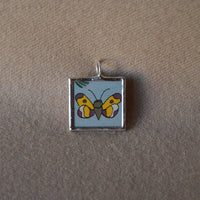 Butterfly, heart shaped flowers, vintage 1940s children's book illustrations, upcycled to soldered glass pendant