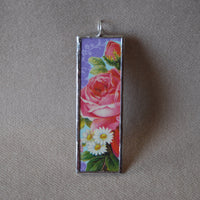 1 Roses and daisy flowers, vintage early 20th century die cut ephemera, up-cycled to soldered glass pendant