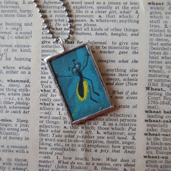 Sam and the Firefly, original illustrations from 1970s vintage book, up-cycled to soldered glass pendant
