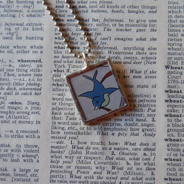 1 Blue bird, flowers, vintage 1940s children's book illustrations, upcycled to soldered glass pendant