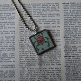 Beetle, flowers, vintage 1940s vintage children's book illustrations, up-cycled to soldered glass pendant