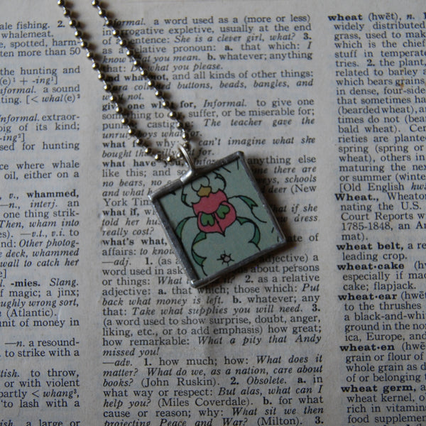 Beetle, flowers, vintage 1940s vintage children's book illustrations, up-cycled to soldered glass pendant
