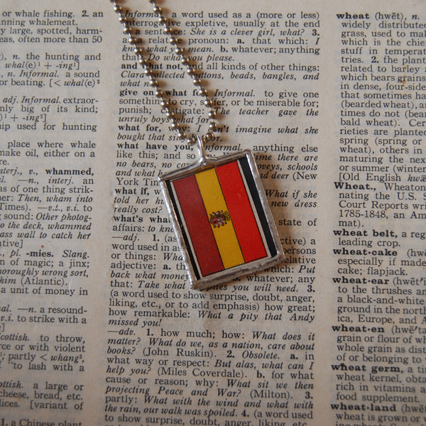Spain, vintage 1940s atlas with map and flag, upcycled hand soldered glass pendant