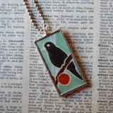 1Blackbird, cherry tree, art deco illustrations, upcycled to hand-soldered glass pendant