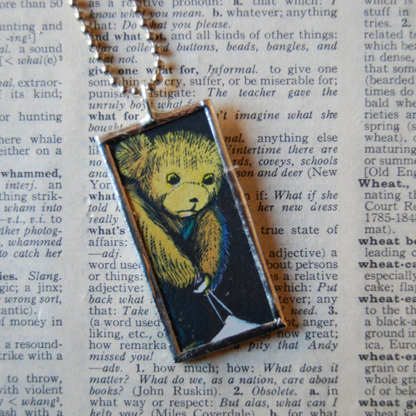 Corduroy, vintage children's book illustrations, up-cycled to soldered glass pendant