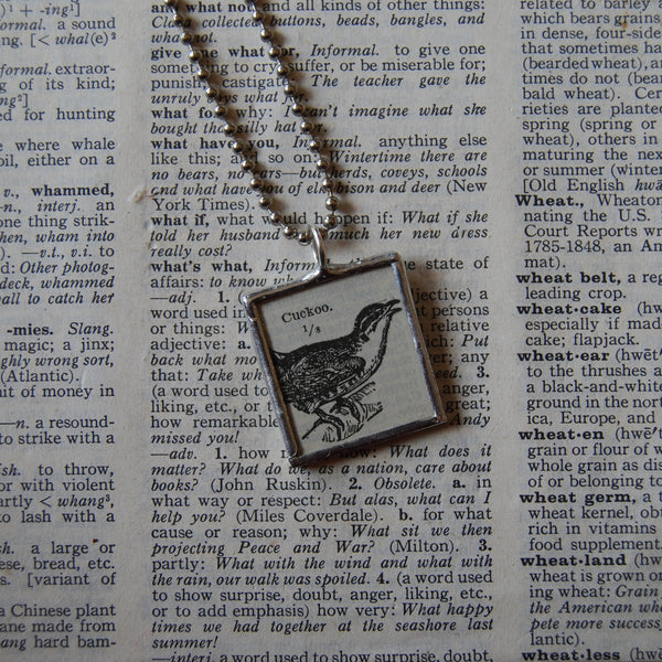 Cuckoo bird, vintage 1930s dictionary illustration, upcycled to soldered glass pendant