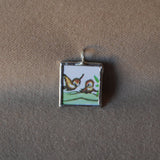 Vintage chickadee birds, vintage children's book illustrations upcycled to soldered glass pendant