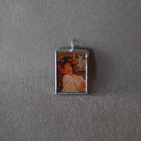 Alphonse Mucha art nouveau woman painting, upcycled to hand-soldered glass pendant
