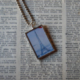 Paris France, Eiffel Tower, hand-soldered glass pendant, vintage perfume advertising illustrations,  upcycled to soldered glass pendant