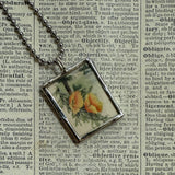 California poppies, red oriental poppy flowers, botanical illustrations, up-cycled to soldered glass pendant