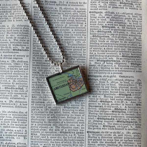 Amsterdam, Netherlands vintage map and flag, hand-soldered glass pendant