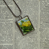 Lotus flower, seed pod, vintage illustrations up-cycled to soldered glass pendant