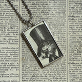 Cat in top hat, vintage illustrations upcycled to hand-soldered glass pendant with choice of necklace, bookmark or keychain