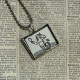 Mermaid, palm tree vintage woodblock illustration, hand soldered glass pendant, upcycled to soldered glass pendant