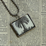 Mermaid, palm tree vintage woodblock illustration, hand soldered glass pendant, upcycled to soldered glass pendant