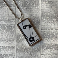 Vintage telephone and man shouting, vintage illustration, up-cycled to soldered glass pendant