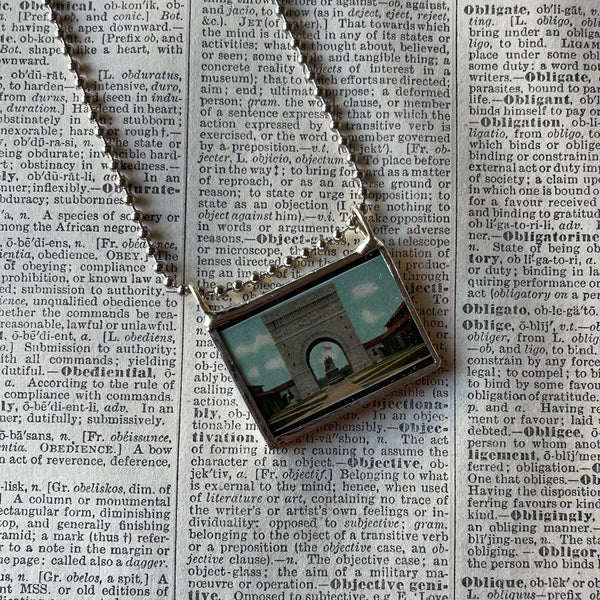 Stanford University, vintage postard illustration up-cycled to soldered glass pendant