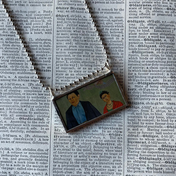 Frida Khalo, Diego Rivera portrait, upcycled to hand soldered glass pendant