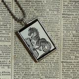 Mythological Sea Horse, Fish vintage woodblock illustration, hand soldered glass pendant, upcycled to soldered glass pendant