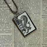 Mythological Sea Horse, Fish vintage woodblock illustration, hand soldered glass pendant, upcycled to soldered glass pendant