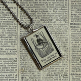 Pixie sitting on a mushroom, vintage dictionary illustration, hand soldered glass pendant, upcycled to soldered glass pendant