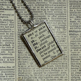 Pixie sitting on a mushroom, vintage dictionary illustration, hand soldered glass pendant, upcycled to soldered glass pendant